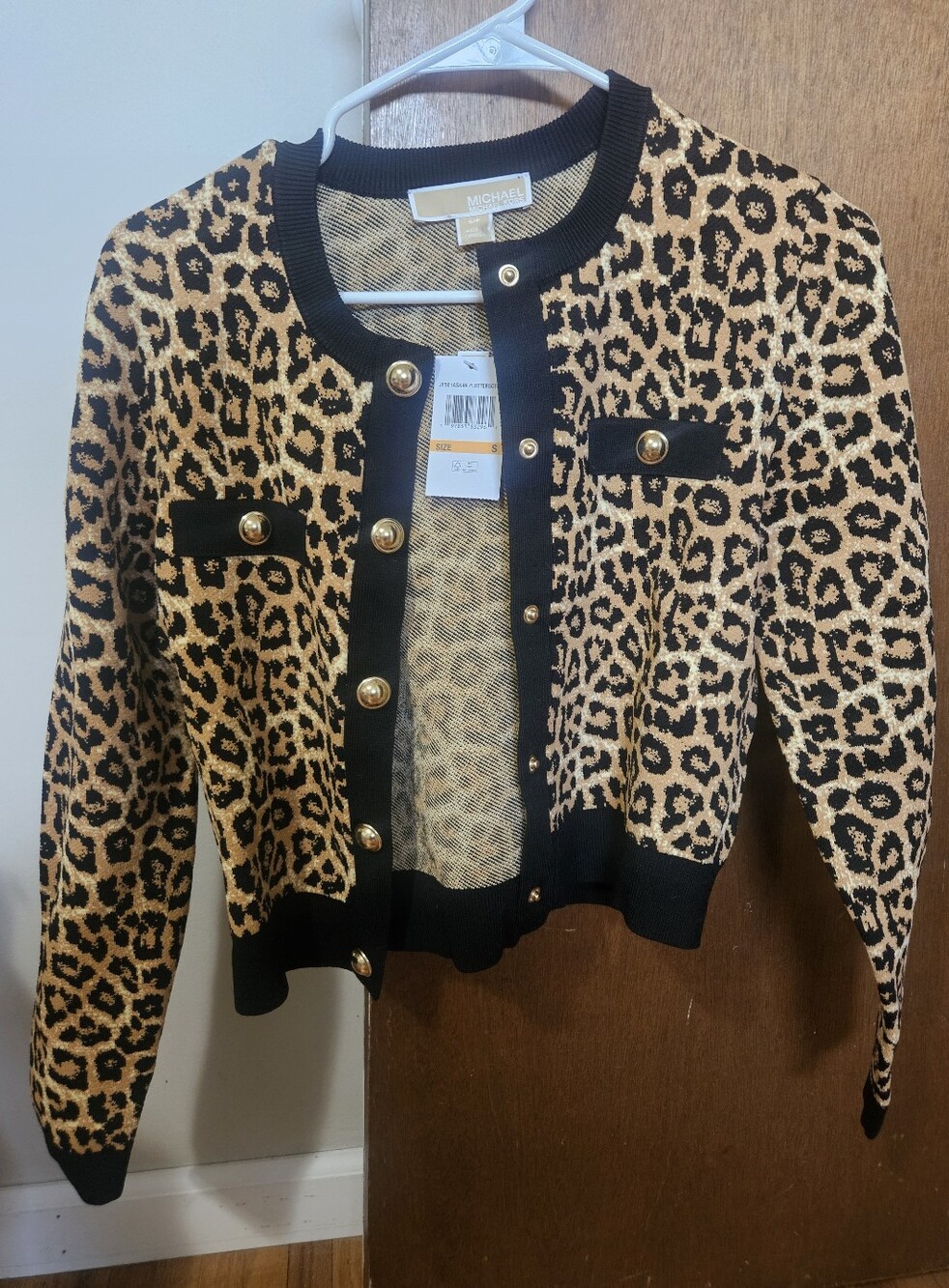 NWT Michael Kors Leopard Print Gold Button-up Sweater Jacket Size S